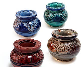 Moroccan Engraved Ceramic Ashtray | Hand-Painted Pottery from Safi | Decorative & Functional