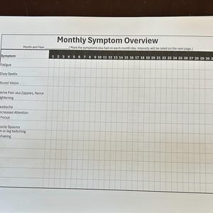 May include: A monthly symptom overview chart with a list of symptoms including fatigue, dizzy spells, blurred vision, nerve pain, headache, decreased attention or focus, and muscle spasms. The chart has 31 columns representing each day of the month.