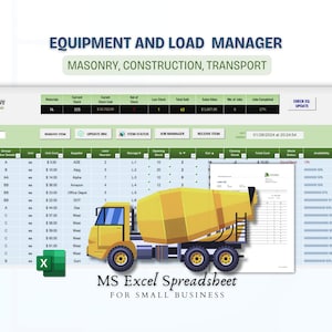 May include: A spreadsheet program for small businesses, with a yellow concrete mixer truck in the foreground. The spreadsheet shows columns for unit cost, supplier, limit reorder, storage, opening stock, in, out, closing stock, total cost, stock status, and availability. The spreadsheet is titled "MS Excel Spreadsheet for Small Business".