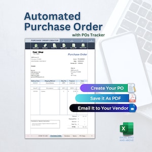 May include: A screenshot of a purchase order template with the title "Automated Purchase Order with POs Tracker". The template includes fields for vendor information, shipping details, payment method, and item details. The template also includes buttons to create, save, and email the purchase order.