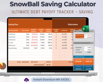 Puede incluir: Una pantalla de portátil muestra un rastreador de pago de deudas titulado "SnowBall Saving Calculator". La hoja de cálculo muestra un plan de ahorro con columnas para el monto objetivo, la tasa de interés y el pago. Una ventana de Excel está abierta, mostrando datos financieros.