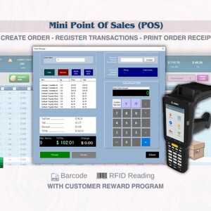 May include: A computer screen displaying a point of sale system with a calculator, a barcode scanner, and a receipt printer. The screen shows a list of items, a total amount, and a change amount. The text on the screen reads "Mini Point Of Sales (POS)" and "CREATE ORDER - REGISTER TRANSACTIONS - PRINT ORDER RECEIPT".