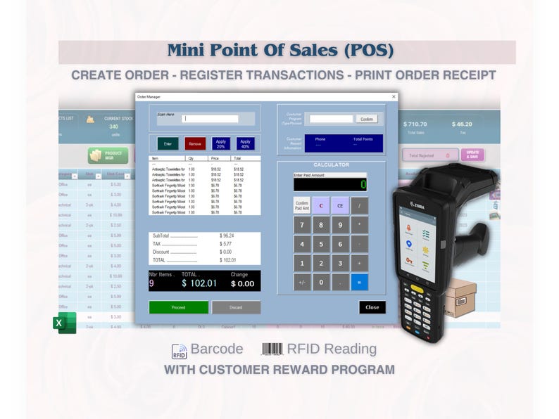 May include: A computer screen displaying a point of sale system with a calculator, a barcode scanner, and a receipt printer. The screen shows a list of items, a total amount, and a change amount. The text on the screen reads "Mini Point Of Sales (POS)" and "CREATE ORDER - REGISTER TRANSACTIONS - PRINT ORDER RECEIPT".