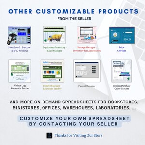May include: Image showcasing various customizable spreadsheet products, including sales boards, inventory management, and price checkers. Text on the image reads "Other Customizable Products From The Seller" and "Customize Your Own Spreadsheet".