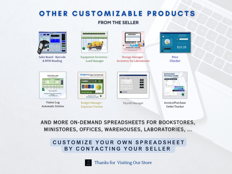 May include: Image showcasing various customizable spreadsheet products, including sales boards, inventory management, and price checkers. Text on the image reads "Other Customizable Products From The Seller" and "Customize Your Own Spreadsheet".