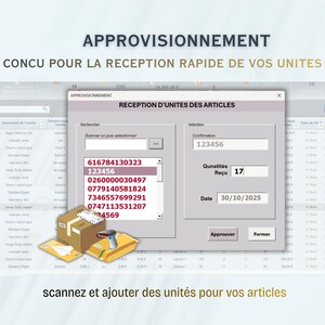 May include: A computer screen displays a software interface for inventory management. The interface includes fields for scanning and adding units, with text in French. Two cardboard boxes and a barcode scanner are also visible.