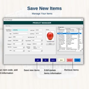 May include: A computer screen displaying a product management application. The application has fields for entering product information, such as item code, title, brand, category, and unit price. There is also a field for uploading a picture of the product. The application has buttons for adding, editing, updating, clearing, and removing items.