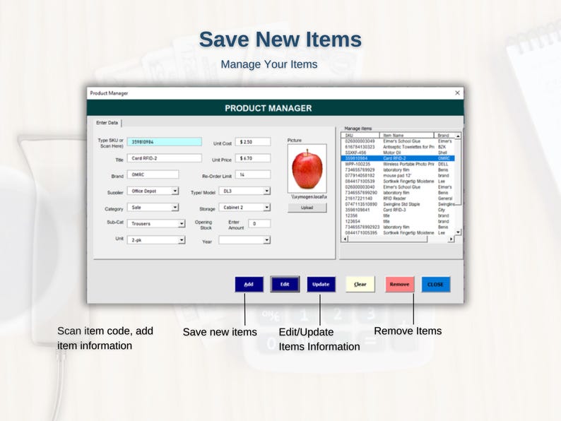May include: A computer screen displaying a product management application. The application has fields for entering product information, such as item code, title, brand, category, and unit price. There is also a field for uploading a picture of the product. The application has buttons for adding, editing, updating, clearing, and removing items.