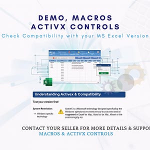 Könnte beinhalten: Digitalgrafik mit dem Text "DEMO, MACROS ACTIVX CONTROLS" und "Überprüfen Sie die Kompatibilität mit Ihrer MS Excel-Version." Das Bild enthält einen Screenshot einer Tabelle und den Text "Activex & Kompatibilität verstehen."