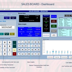 May include: A blue and white computer screen displaying a sales dashboard with a keyboard, inventory information, sales insights, and a monthly sales graph. The screen shows a recent item sold, "Motor Oil", and the current stock is 797. The screen also shows a live sales graphic with a blue bar chart.