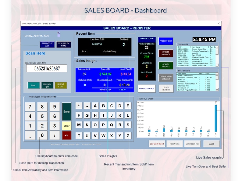 May include: A blue and white computer screen displaying a sales dashboard with a keyboard, inventory information, sales insights, and a monthly sales graph. The screen shows a recent item sold, "Motor Oil", and the current stock is 797. The screen also shows a live sales graphic with a blue bar chart.