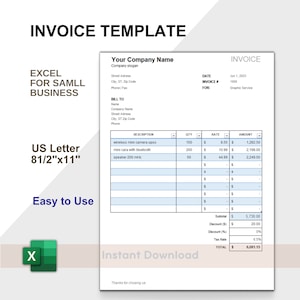 May include: A printable invoice template in Excel format for small businesses. The template includes fields for date, invoice number, description, quantity, rate, and amount. The template is designed for US Letter size paper, which is 8.5 inches by 11 inches.