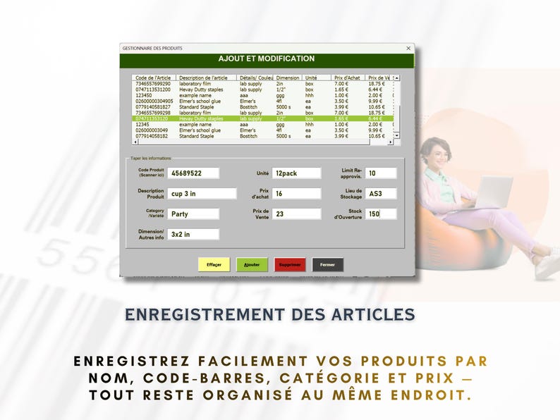May include: A computer screen displays a product management interface with data fields for item details. The interface includes fields for code, description, and dimensions (3x2 in). Text at the bottom reads: "Register your products by name, barcode, category, and price."