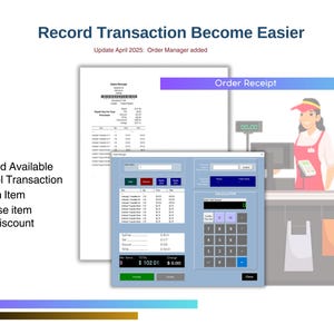 May include: A computer screen showing a point of sale system with a keypad, a display showing a total of $102.01, and a receipt printer. The text "Order Receipt" is visible at the top of the screen. The screen is in front of a cartoon image of a cashier at a checkout counter.
