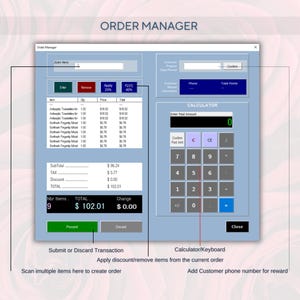 May include: A blue computer screen with a point of sale system for a retail store. The screen shows a list of items, a calculator, and a total amount of $102.01. The text on the screen reads "Order Manager" and "Calculator".