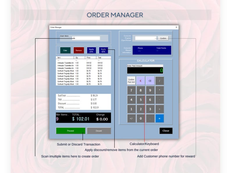 May include: A blue computer screen with a point of sale system for a retail store. The screen shows a list of items, a calculator, and a total amount of $102.01. The text on the screen reads "Order Manager" and "Calculator".