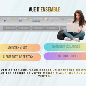 May include: A digital interface with data displays, including product counts, stock levels, and value. The text "VUE D'ENSEMBLE" is at the top. A person is using a laptop. Buttons read "UNITS IN STOCK" and "CONTROL YOUR ITEMS".