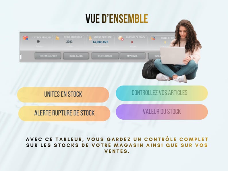 May include: A digital interface with data displays, including product counts, stock levels, and value. The text "VUE D'ENSEMBLE" is at the top. A person is using a laptop. Buttons read "UNITS IN STOCK" and "CONTROL YOUR ITEMS".
