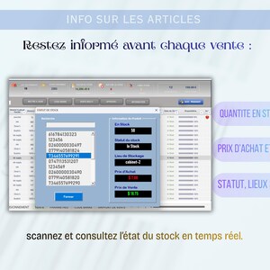 May include: A screenshot of a software interface displaying inventory information. The screen shows product codes, stock levels, and pricing details. Text on the screen includes "INFO SUR LES ARTICLES" and "QUANTITE EN STOCK". The software interface is displayed on a light blue background.
