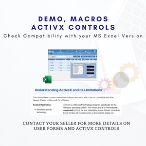 May include: A digital graphic with the text "DEMO, MACROS ACTIVX CONTROLS" and "Check Compatibility with your MS Excel Version." The image includes a screenshot of a spreadsheet and information about ActiveX controls.