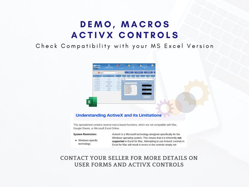 May include: A digital graphic with the text "DEMO, MACROS ACTIVX CONTROLS" and "Check Compatibility with your MS Excel Version." The image includes a screenshot of a spreadsheet and information about ActiveX controls.