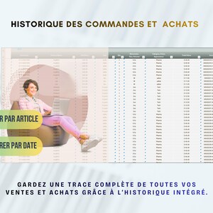 May include: Image showing a woman using a laptop with a spreadsheet. Text reads "HISTORIQUE DES COMMANDES ET ACHATS", "FILTRER PAR ARTICLE", "FILTRER PAR DATE", and "GARDEZ UNE TRACE COMPL&Egrave;TE DE TOUTES VOS VENTES ET ACHATS GR&Acirc;CE &Agrave; L'HISTORIQUE INT&Eacute;GR&Eacute;."
