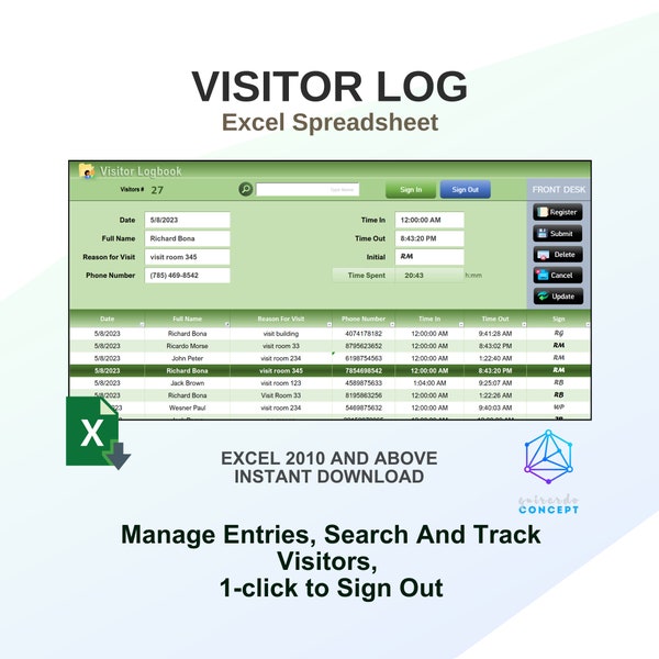 Printable Visitor Log Sheet, Visitor Tracker Template, Planner Excel Spreadsheet, Digital Checklist Template, 11" X 8-1/2", Instant Download