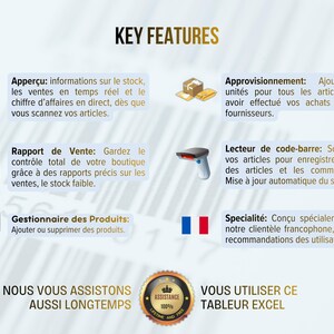 May include: An infographic titled "KEY FEATURES" with text in French, including "Apper&ccedil;u", "Rapport de Vente", and "Gestionnaire des Produits". It also features a barcode scanner, a French flag, and a gold seal.