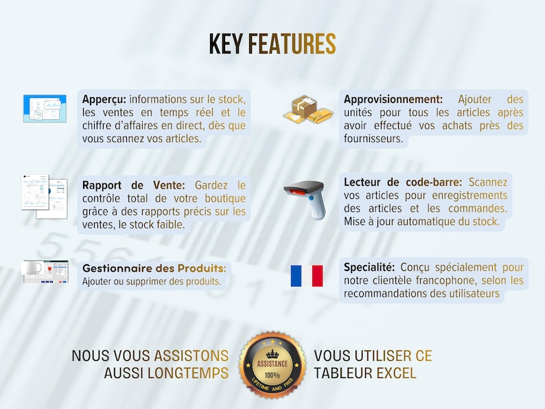 May include: An infographic titled "KEY FEATURES" with text in French, including "Apper&ccedil;u", "Rapport de Vente", and "Gestionnaire des Produits". It also features a barcode scanner, a French flag, and a gold seal.