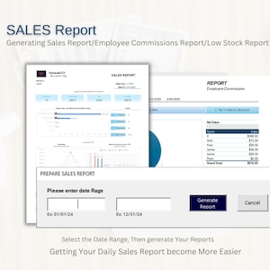 May include: A screenshot of a computer screen showing a sales report generator. The user can enter a date range and generate a sales report, employee commission report, or low stock report. The text on the screen reads "SALES Report", "Generating Sales Report/Employee Commissions Report/Low Stock Report", "PREPARE SALES REPORT", "Please enter date Rage", "Ex: 01/01/24", "Ex: 12/31/24", "Generate Report", "Cancel", "Select the Date Range, Then generate Your Reports", and "Getting Your Daily Sales Report become More Easier".