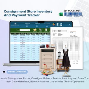 May include: A screenshot of a computer screen showing a spreadsheet program with the title "Consignment Store Inventory and Payment Tracker". The spreadsheet has columns for product name, price, quantity, and other information. The spreadsheet is designed to help businesses track their inventory and sales.