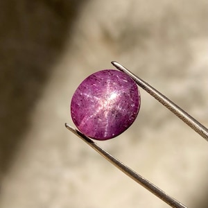 Puede incluir: Una gema pulida, de forma ovalada, de color rojo púrpura, sujeta con pinzas metálicas. La gema tiene un efecto de estrella en su superficie. La piedra preciosa es un rubí, a menudo utilizado en joyería.