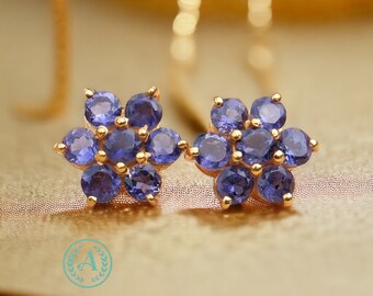 Natural Iolite Studs, Dainty Studs Pair, Floral Earrings, Statement Earrings, Flower Studs, Push Back Studs, Birthday Gifts