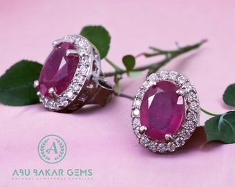 Boucles d'oreilles en grappe de rubis et zircons, argent sterling 925