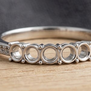 925 Sterling Silver 5 Stone Empty Ring Setting, Round Shared Prong Multi Stone Ring Blank, DIY Semi Mount Wedding Band Component, 3,4,5,6 MM
