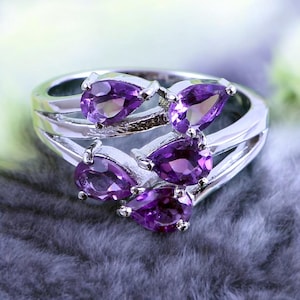 Amethyst Solitaire Ring, 925 Sterling Silver Ring, February Birthstone, Art Deco Ring Jewelry, Branch Ring, Pear Cut Purple Amethyst Ring