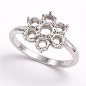 Montura de anillo de plata de ley con múltiples piedras, montura semielaborada con diseño floral, anillo de piedras preciosas vacío, montura de joyería DIY para piedras redondas
