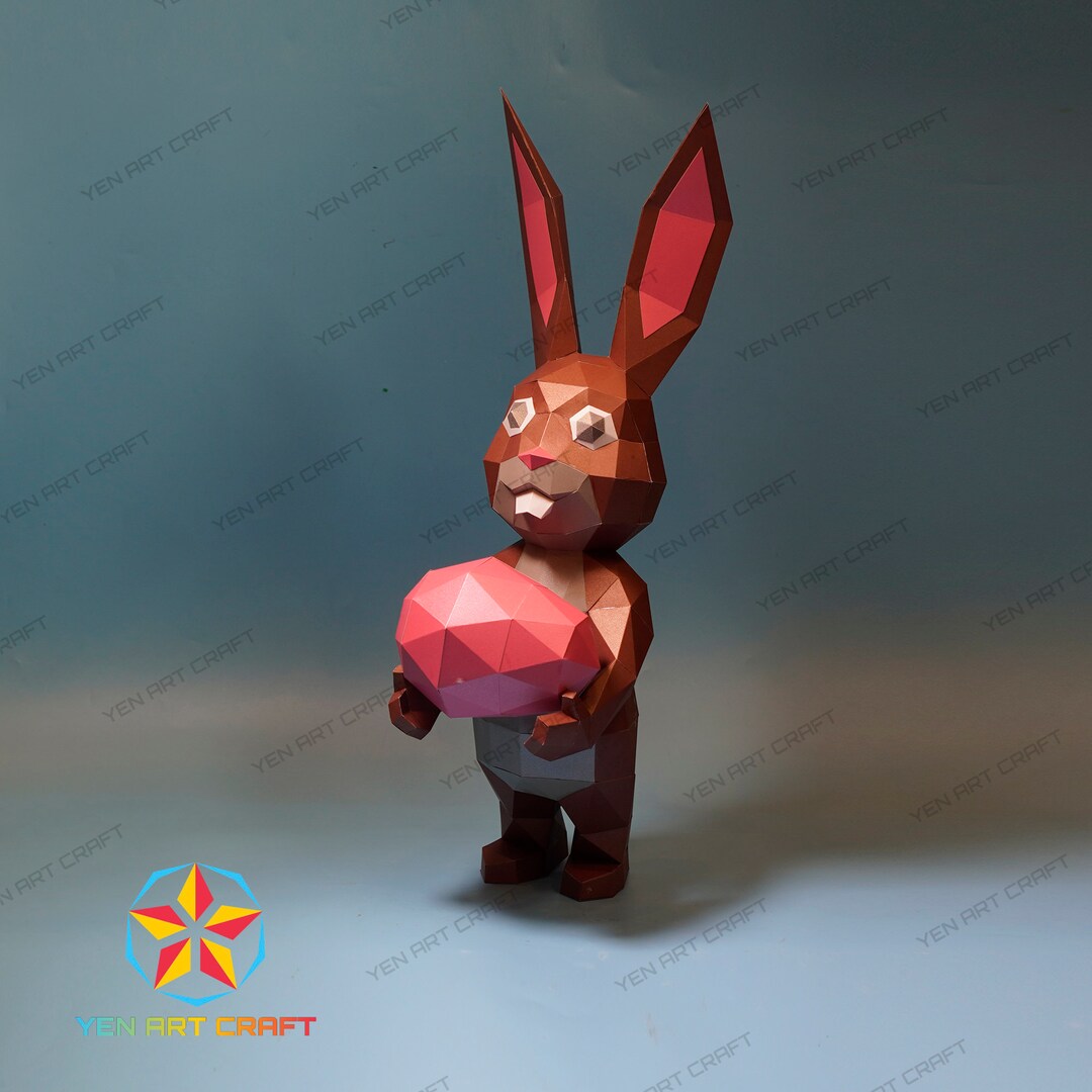 DIY Rabbit Holding Easter Eggs, Bunny Papercraft PDF, SVG Template Low ...