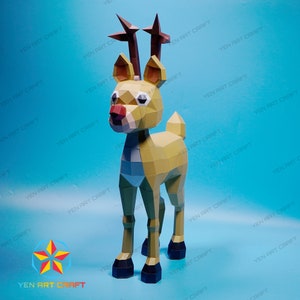 May include: A papercraft reindeer model with a brown body, white chest, and red nose. The reindeer has antlers and is standing on a blue surface.