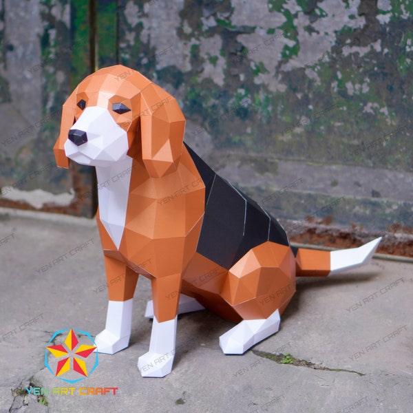 PaperCraft Beagle PDF, SVG-Vorlage für Cricut Projekt - DIY Beagle Papiermodell, Origami, Low Poly, Skulptur Modell Papier