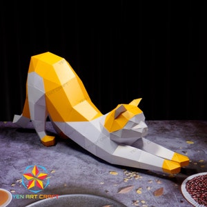 PaperCraft Cat Stretching PDF, SVG Template for Cricut Project - DIY Cat Stretching Paper Craft, Origami, Low Poly, Sculpture Model Paper