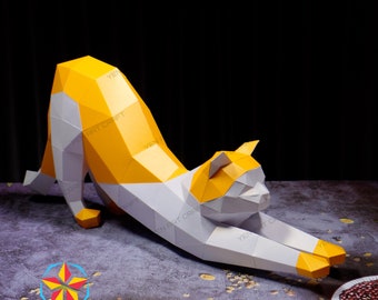 PaperCraft Cat Stretching PDF, SVG Template for Cricut Project - DIY Cat Stretching Paper Craft, Origami, Low Poly, Sculpture Model Paper