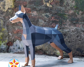 May include: A papercraft model of a Doberman Pinscher dog. The model is made of paper and is painted in shades of gray and brown. The dog is standing on a concrete surface. The model is a 3D representation of a Doberman Pinscher dog.