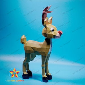 Papercraft Reindeer PDF for Printer, SVG Template for Cricut Projects - DIY Christmas Rudolph Paper Craft Low Poly Paper Sculpture