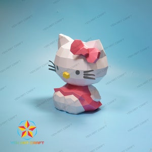 3D Papercraft Kawaii Kitty PDF, SVG Sjabloon, 3D Kitty Paper Craft, Diy Craft Kit, Low poly Kitty Decor Origami Svg bestanden voor cricut
