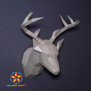 Papercraft Deer Head PDF para impresora, plantilla SVG para proyectos Cricut, artesanía de papel de trofeo de ciervo para decoración de paredes, Low Poly Deer Origami Svg