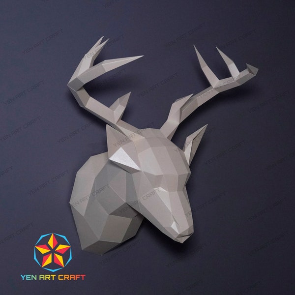 Papercraft Deer Head PDF pour imprimante, modèle SVG pour les projets Cricut, Deer Trophy Paper Craft pour décoration murale, Low poly Deer Origami Svg