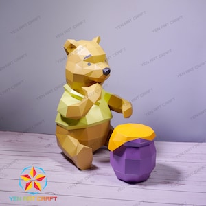 PaperCraft Bear and Honey PDF, SVG Template for Cricut Project - DIY Bear and Honey Paper Craft, Origami, Low Poly, Sculpture Model Paper
