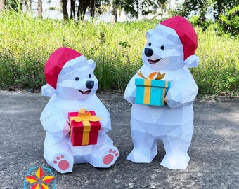 Set 2 Christmas Polar Bears Sitting and Standing Papercraft SVG, Studio, PDF Template For Cricut project: Diy Polar Bear For Christmas decor