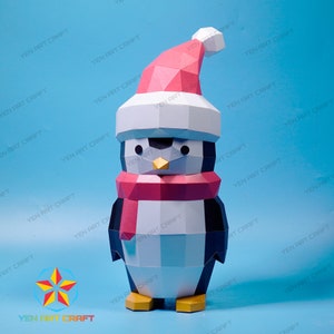 Papercraft Penguin PDF, modello SVG per progetti Cricut, stampante - Scultura di carta low poly fai da te con pinguino di Natale in carta